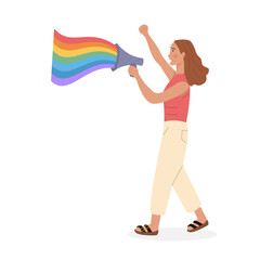 LGTB activist holding megaphone or loudspeaker with rainbow colors at pride parade. Lesbian Queer Girl walking at protest for equal rights. Sexual diversity. Vector flat character on white background.