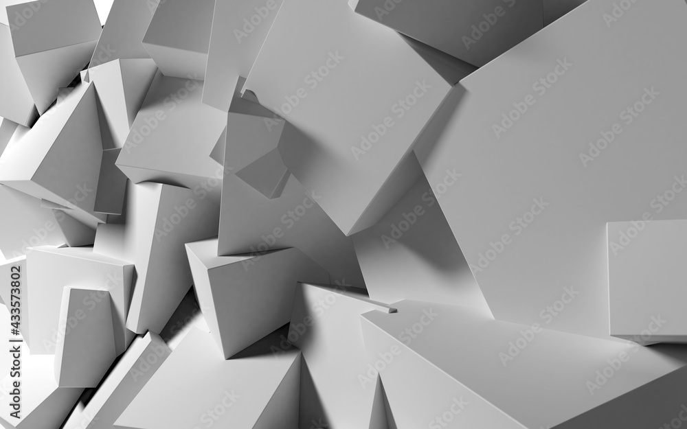 Aufkleber Abstract background with white 3D shapes flying in the light as a messy array or chaotic structure for any pastel backdrop. 3D illustration.