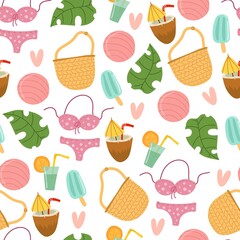 summer seamless pattern with cartoon swimsuit, ice cream, leaves, bag, ball, decor elements. colorful vector, flat style. design for fabric, textile, print, wrapper.