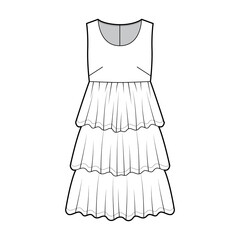 Dress babydoll technical fashion illustration with sleeveless, oversized body, knee length ruffle tiered skirt. Flat apparel front, white color style. Women men unisex CAD mockup