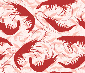 Seamless red background with silhouettes of shrimps.
