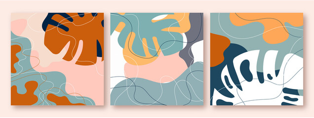 Set of abstract vegetal natural posters in blue, terracotta and pastel nude colors with lines and shapes.Silhouettes of tropical leaves, monstera.Illustrations for interior decoration in boho style. 