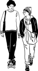 Teen couple walking together People Streetwear lifestyle Hand drawn Line art Illustration