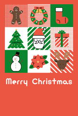 クリスマスカード　テンプレート（フラットアイコン　デザイン）／赤背景