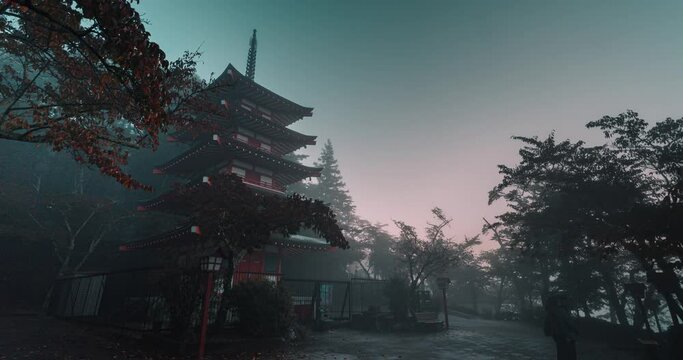 Sunrise timelapse of Mt. Fuji and Chureito Pagoda with cloud sea at dawn, Japan.