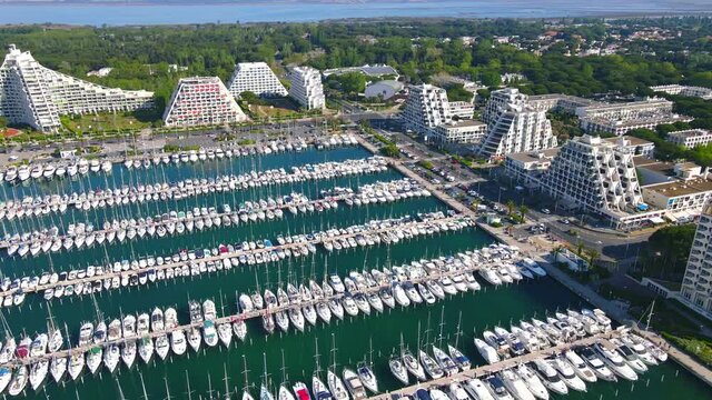 Aerial view of the beautiful drone city scape from above La Grande Motte in L'Herrault, Occitanie , France