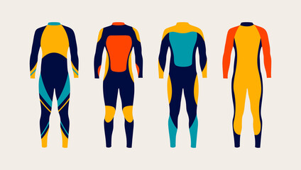 Colorful set of modern bright wetsuits isolated on pastel background. Flat design. Vector illustration - obrazy, fototapety, plakaty
