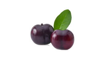 red cherry plum with leaf isolate on white background.
