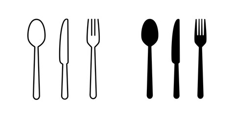 Fork, spoon and knife for eat in restaurant. Kitchen tools icon set. Vector stock illustration isolated on white background
