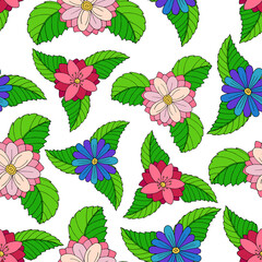 Bright floral seamless pattern. Vector image. Colorful flowers on a white background. For printing on textiles,
for backgrounds and packaging products