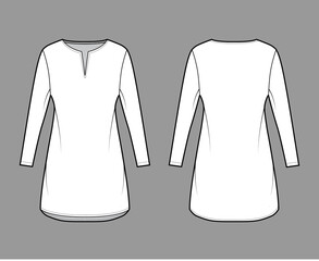 Dress tunic technical fashion illustration with long sleeves, oversized body, mini length skirt, slashed neck. Flat apparel front, back, white color style. Women, men unisex CAD mockup