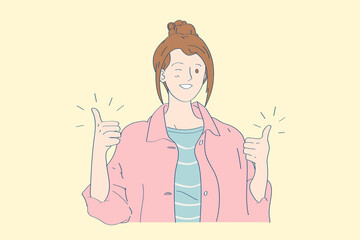 The cute girl with thumbs up both of hand in happy emotional.