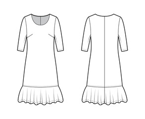 Dress dropped waist technical fashion illustration with elbow sleeves, oversized body, knee length skirt, round neck. Flat apparel front, back, white color style. Women, men unisex CAD mockup