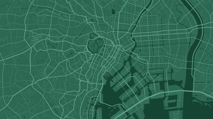 Dark green Tokyo city area vector background map, streets and water cartography illustration.