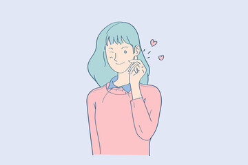 The cute girl with wink, blink and express mini heart of hand in happy emotional