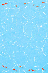 赤い金魚と夏背景　縦　水と白い水紋