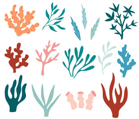 Seaweeds set. Collection of seaweeds, planting, marine algae and ocean corals silhouettes. Underwater plants for aquarium decor. Nature seaweed marine. Bright sea elements. Vector illustration.