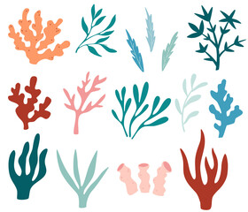 Seaweeds set. Collection of seaweeds, planting, marine algae and ocean corals silhouettes. Underwater plants for aquarium decor. Nature seaweed marine. Bright sea elements. Vector illustration. © PawLoveArt