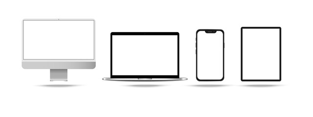 Set of Devices screen -computer monitor, laptop, smartphone, tablet . Device screen mockup 2021. Vector isolated on white background.Device Icons.Realistic devices mockup set