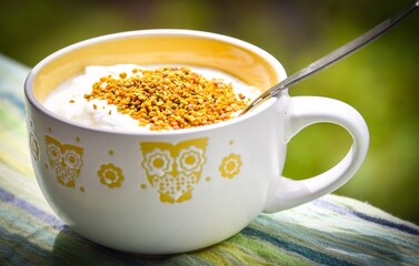 A bowl full of yogurt and bee pollen for a healthy breakfast 
