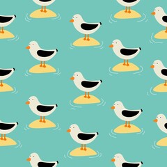 summer seamless pattern with cartoon gull, decor elements. colorful vector, flat style. design for fabric, textile, print, wrapper.