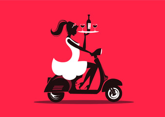 Waitress Silhouette delivering a wine bottle on a vespa scooter

