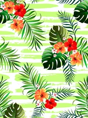 Fotobehang Tropische Bladeren Tropical pattern with  hibiscus, palm leaves. Summer vector background for fabric, cover,print design.  © Logunova  Elena