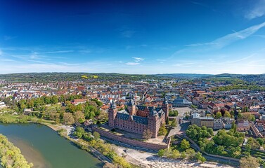 Panoramic aerial view over German city Aschaffenburg on the river Main - obrazy, fototapety, plakaty