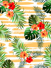 Fototapeta na wymiar Tropical pattern with hibiscus, palm leaves. Summer vector background for fabric, cover,print design.