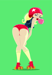girl on rollervector illustration - Pin-up Roller Derby Girl chewing a gum 