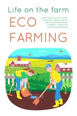 Farm and agriculture village poster. Rural landscape with field, grass, flowers, farmer worker. Eco clean area with blue sky, mountains and clouds. Vector flat illustration for banner or postcard.