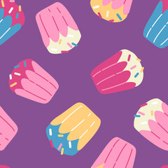 Cute cupcakes or muffins with sprinkles colorful seamless pattern. Sweet pastry, dessert illustration.