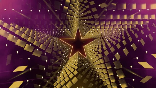 Gold star over purple Background in Loop, for stage video background design, visual projection mapping, music video, TV show, presentations, editors and VJs for led screens or fashion show.