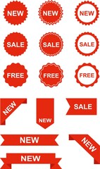 Obraz premium Set of new labels in red isolated on white background. Vector illustration