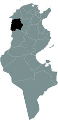 Black highlighted location map of the Tunisian Kef governorate inside gray map of the Tunisian Republic