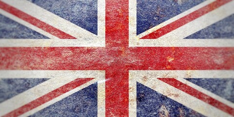 Fototapeta premium Blurred aged faded UK flag banner on rusty mottled iron background, abstract British politics concept