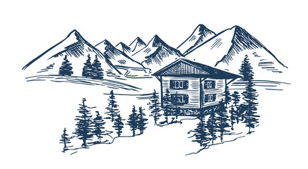 Mountain landscape, vector illustration, sketch style.	

