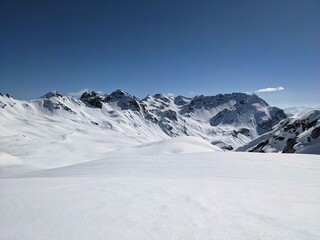  ski run from wiis platte near the swiiss austria border. Beautiful winter mountain landscape. Ski tour in dream weather