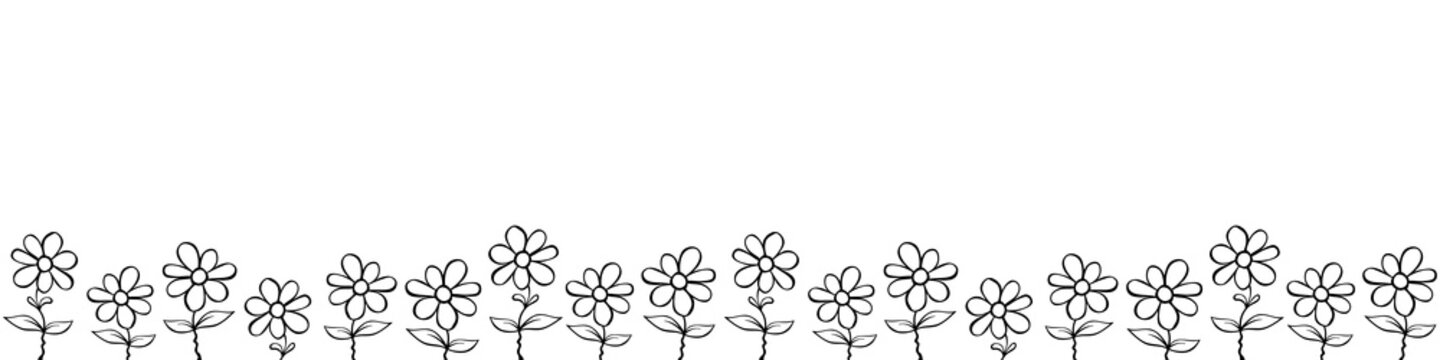 Row of contour flowers in cartoon doodle. Vector hand drawn spring background isolated. Horizontal bottom edging, border, decoration for greeting card, invitation, Valentine's, Women's or Mother day
