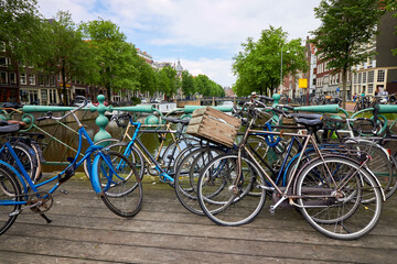 Fototapeta na wymiar Group of bicycles on a street in Amsterdam