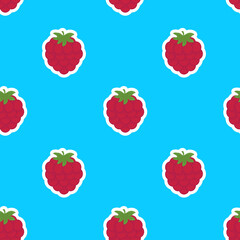 Seamless vector pattern with raspberries on a blue background. Suitable for the design of textile fabric, wrapping paper, and wallpaper for websites. Vector illustration.