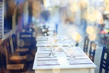 abstract blurred background street cafe in the city, no people, empty, summer restaurant quarantine