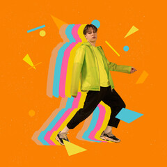 Modern design, contemporary art collage. Inspiration, idea, trendy urban magazine style. Boy on bright background