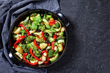 Broccoli and chicken bake with potato, copy space