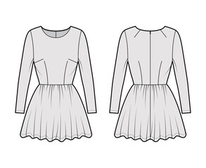 Obraz premium Dress short technical fashion illustration with long sleeve, fitted body, mini length full skirt. Flat apparel front, back, grey color style. Women, men unisex CAD mockup