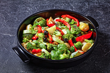 Vegetable and chicken bake, top view, close-up