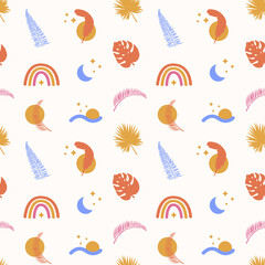 Bohemian Tropical Summer Seamless Pattern with abstract geometric elements and tropical floral palms in bright colors. Trendy boho hand drawn doodle shapes in contemporary flat style. Modern Vector.
