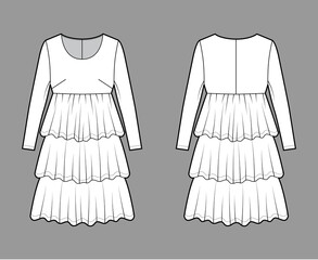 Dress babydoll technical fashion illustration with long sleeves, oversized body, knee length ruffle tiered skirt. Flat apparel front, back, white color style. Women men unisex CAD mockup