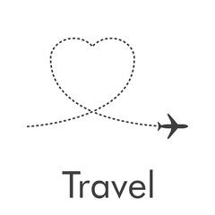 Logotipo con texto Travel y silueta de avión con trayectoria con forma de corazón en color gris © teracreonte