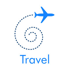 Logotipo con texto Travel y silueta de avión con trayectoria con forma de espiral en color azul